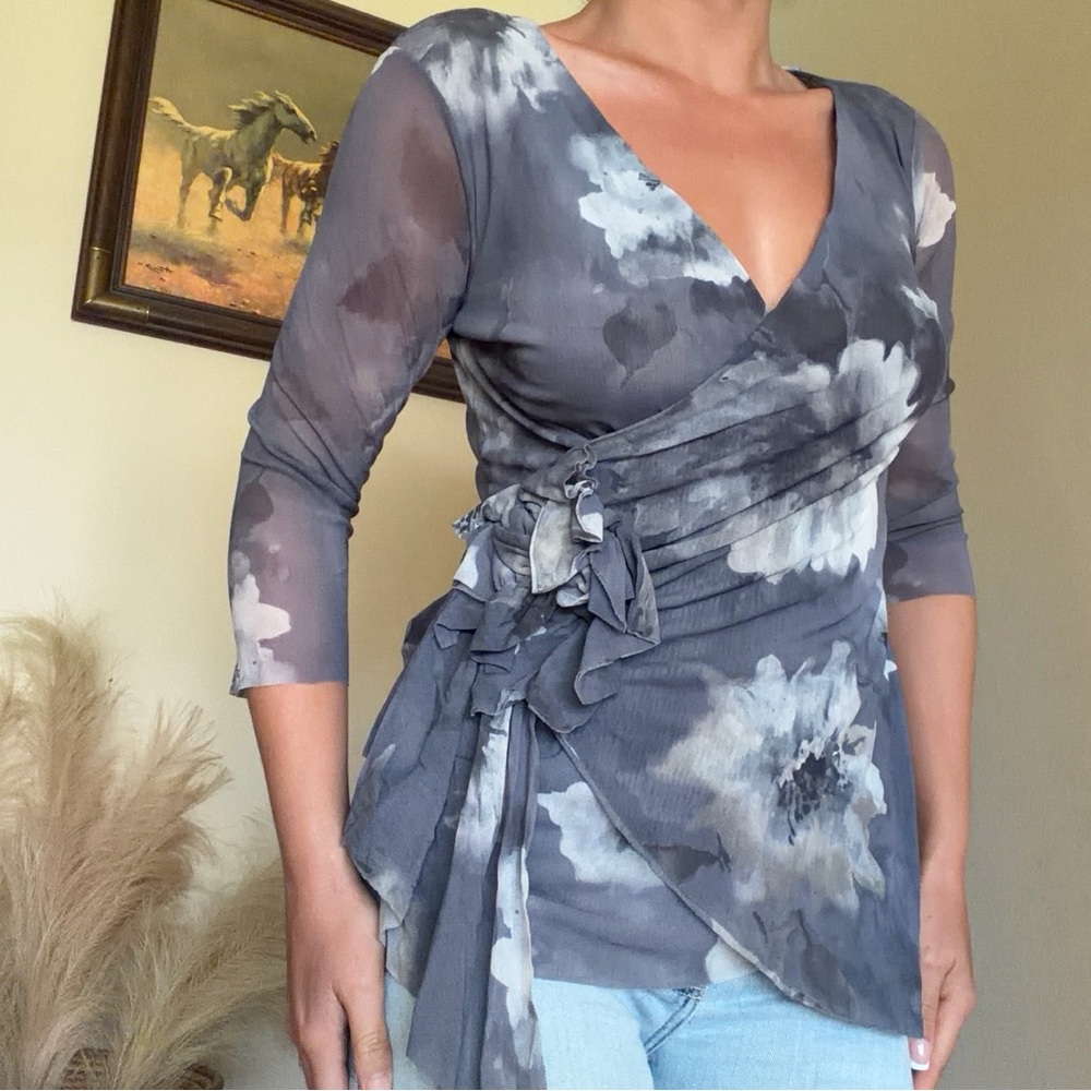 Gray Floral Wrap Blouse with Tie Waist
